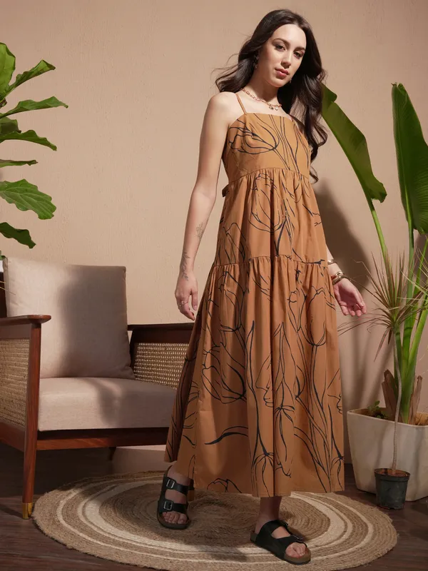 Vara By Vishudh Women Brown Printed A-Line Dress