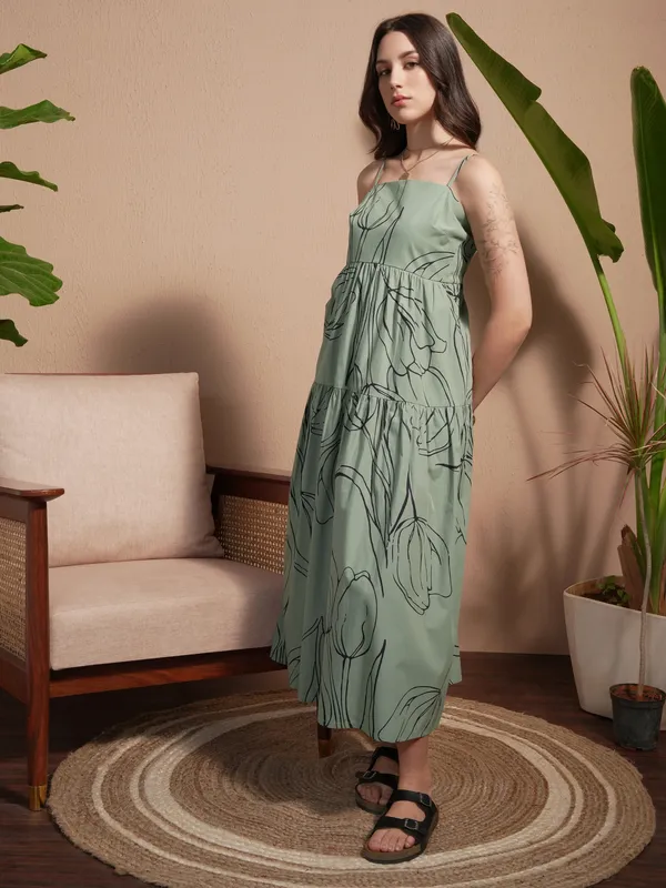 Vara By Vishudh Women Green Printed A-Line Dress