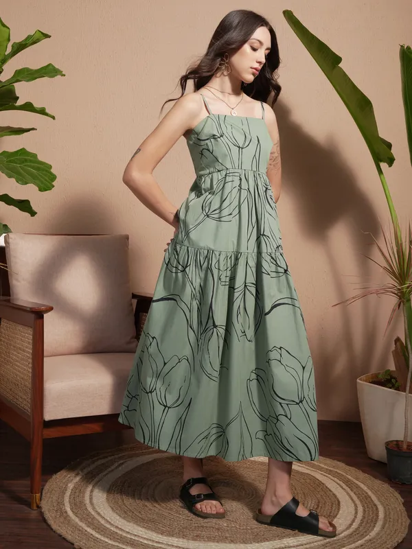 Vara By Vishudh Women Green Printed A-Line Dress