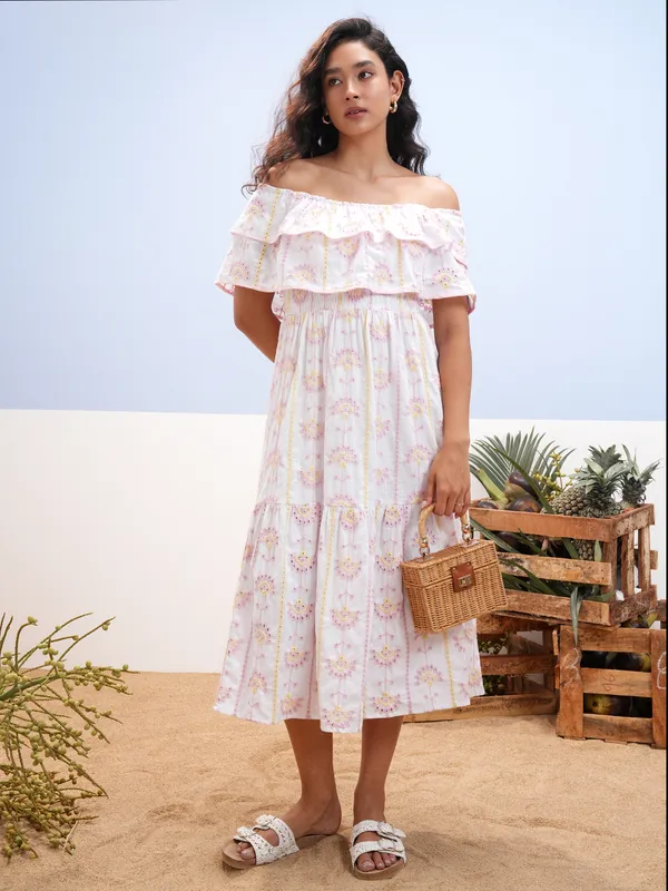 Vara By Vishudh Women White Embroidered Fit And Flare Dress