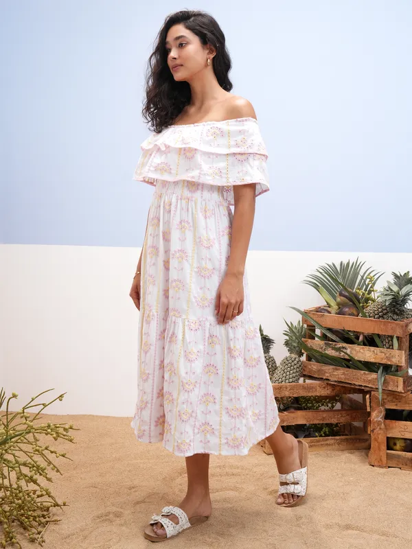 Vara By Vishudh Women White Embroidered Fit And Flare Dress