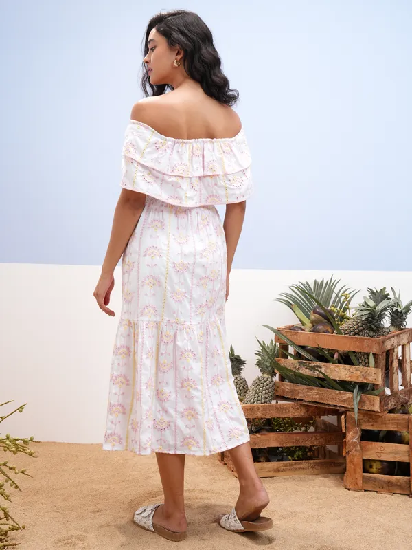 Vara By Vishudh Women White Embroidered Fit And Flare Dress
