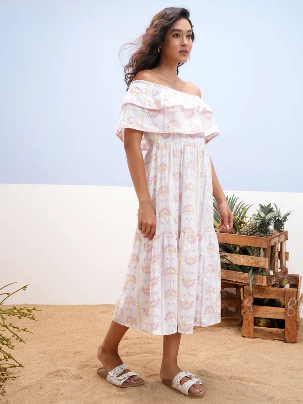 Vara By Vishudh Women White Embroidered Fit And Flare Dress