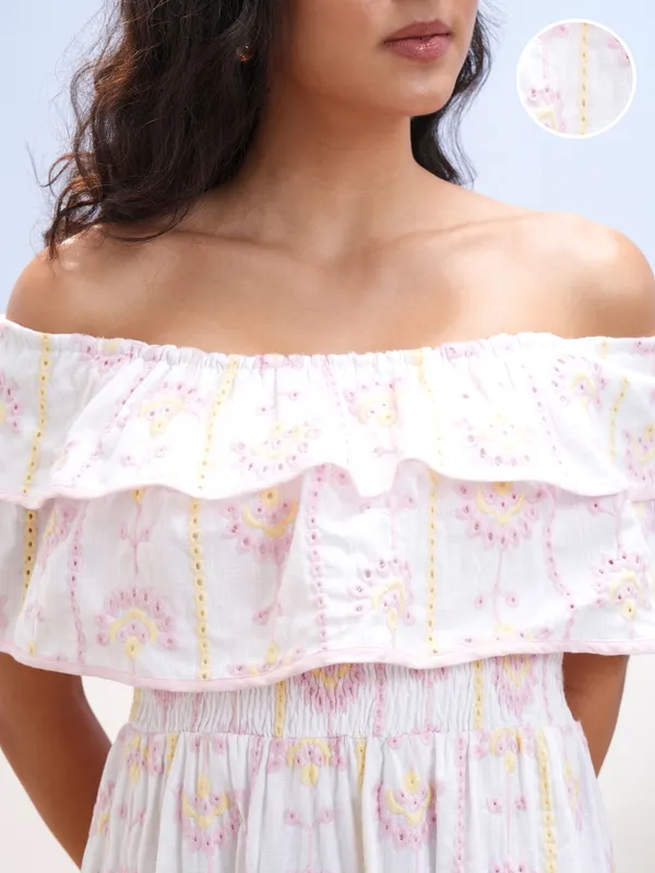 Vara By Vishudh Women White Embroidered Fit And Flare Dress