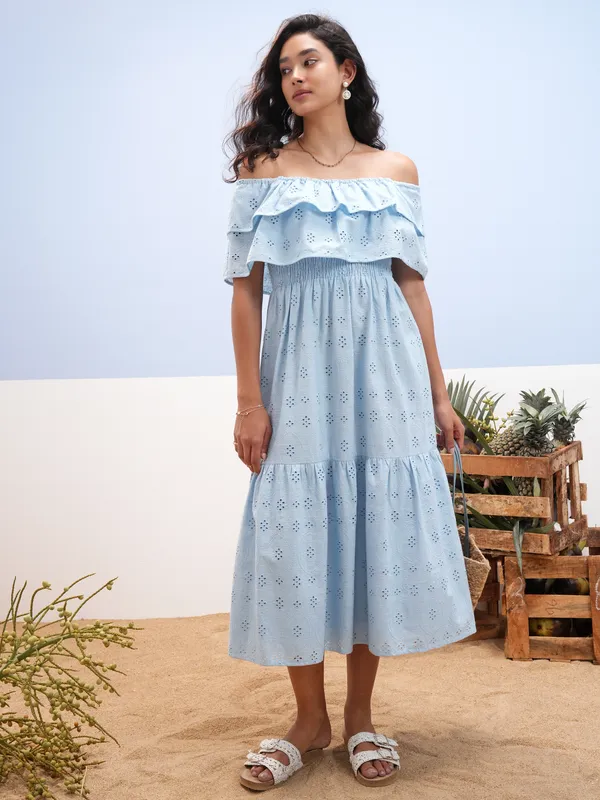 Vara By Vishudh women Blue Embroidered A-Line Dress