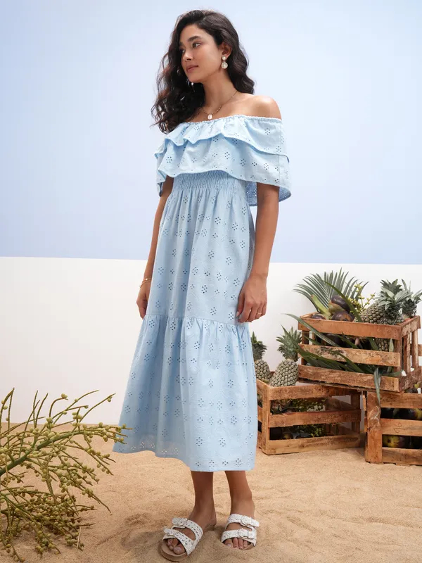 Vara By Vishudh women Blue Embroidered A-Line Dress