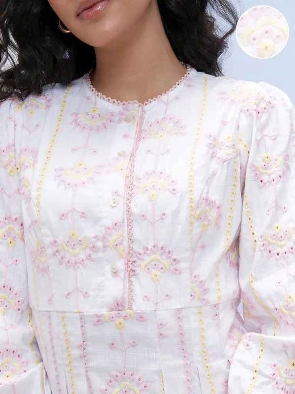 Vara By Vishudh Women White Embroidered A-Line Dress