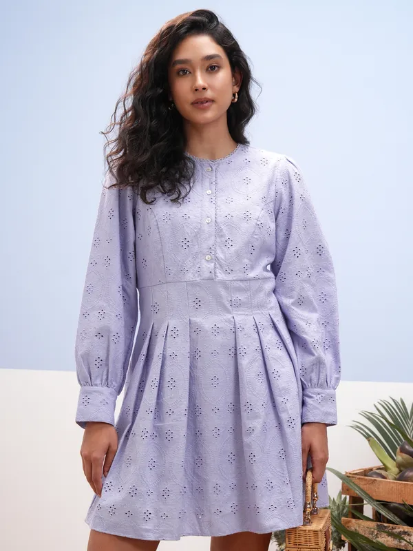 Vara By Vishudh Women Lavender Embroidered A-Line Dress