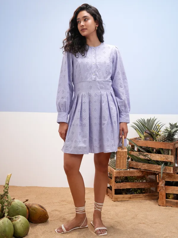 Vara By Vishudh Women Lavender Embroidered A-Line Dress