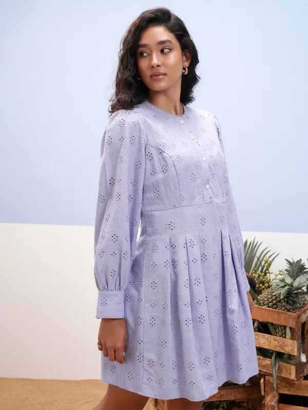 Vara By Vishudh Women Lavender Embroidered A-Line Dress