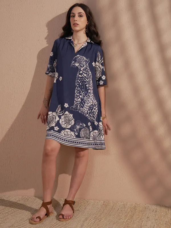 Vara By Vishudh Women Navy Blue Printed A-Line Dress