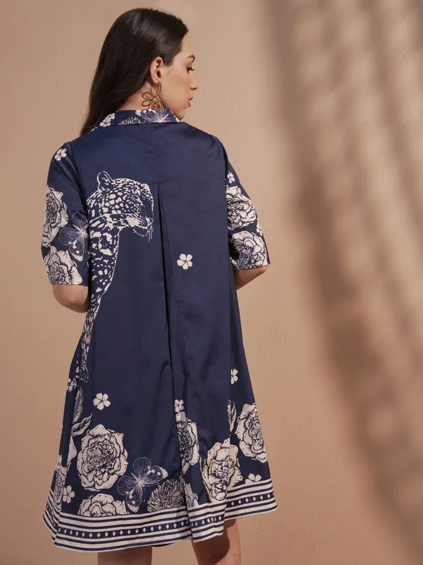 Vara By Vishudh Women Navy Blue Printed A-Line Dress