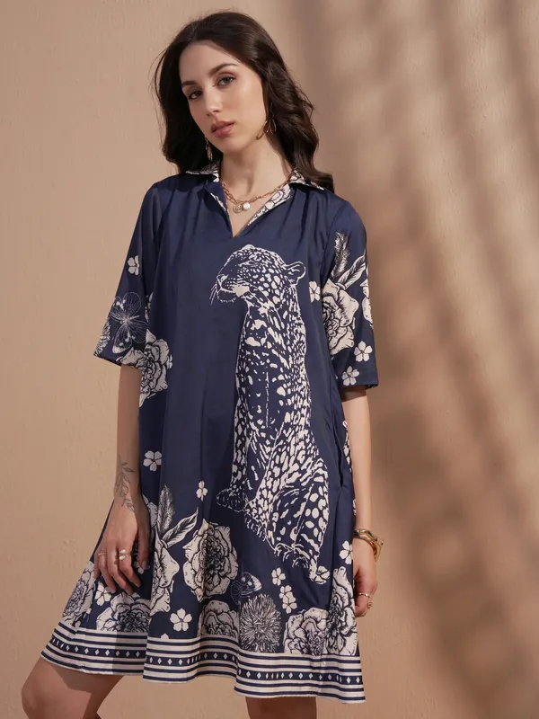 Vara By Vishudh Women Navy Blue Printed A-Line Dress