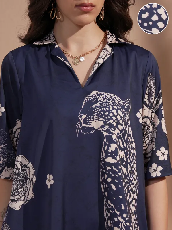 Vara By Vishudh Women Navy Blue Printed A-Line Dress