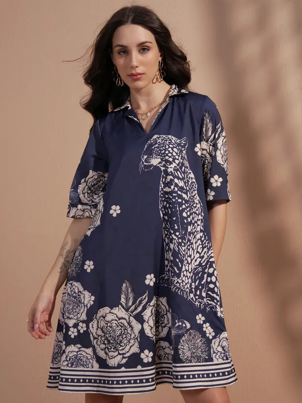 Vara By Vishudh Women Navy Blue Printed A-Line Dress