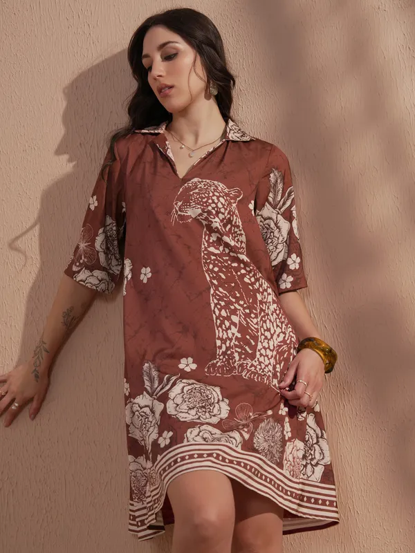 Vara By Vishudh Women Brown Printed A-Line Dress