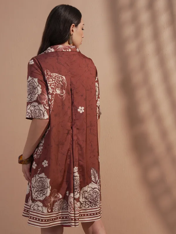 Vara By Vishudh Women Brown Printed A-Line Dress