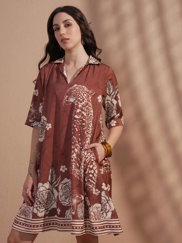 Vara By Vishudh Women Brown Printed A-Line Dress