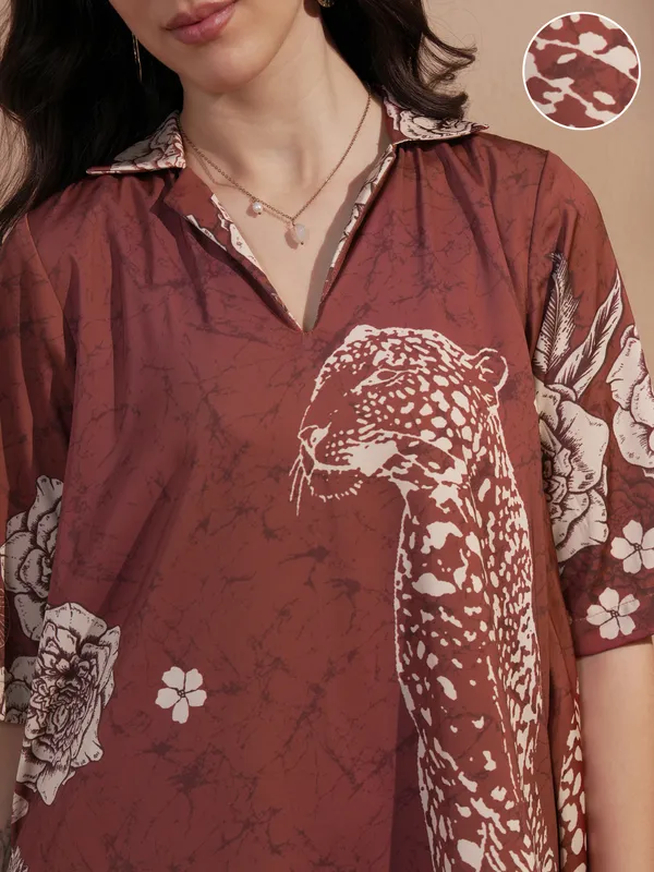 Vara By Vishudh Women Brown Printed A-Line Dress