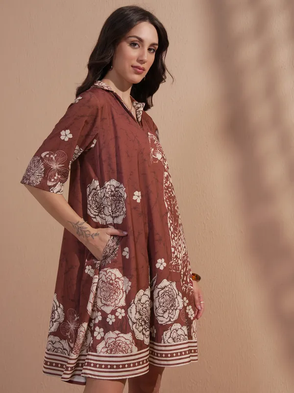 Vara By Vishudh Women Brown Printed A-Line Dress
