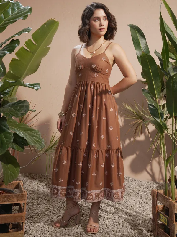 Vara By Vishudh women Brown Printed A-Line Dress