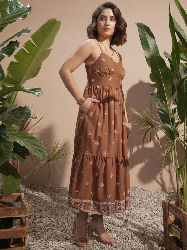 Vara By Vishudh women Brown Printed A-Line Dress