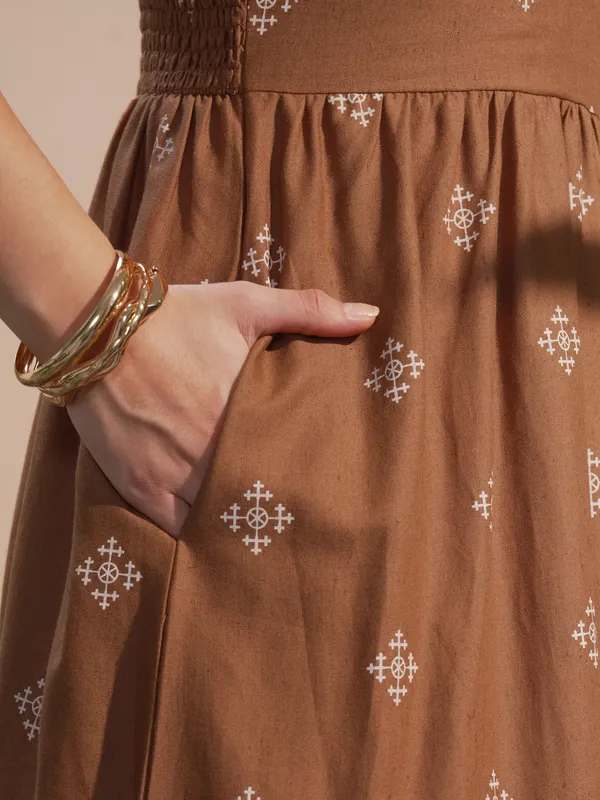 Vara By Vishudh women Brown Printed A-Line Dress