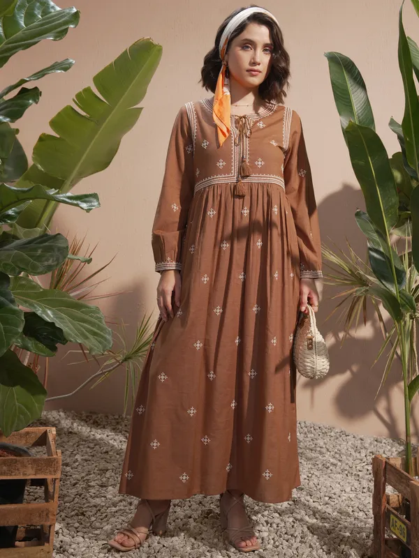 Vara By Vishudh Women Brown Embroidered Maxi Dress