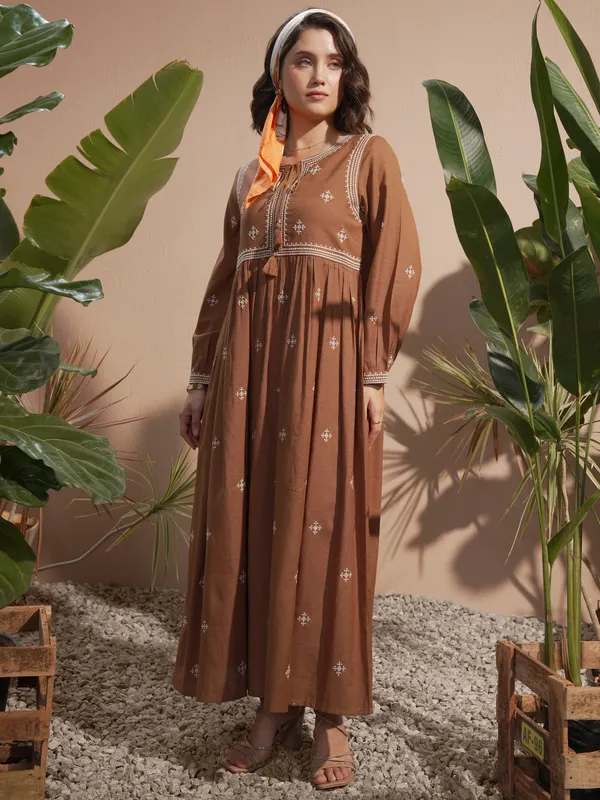 Vara By Vishudh Women Brown Embroidered Maxi Dress