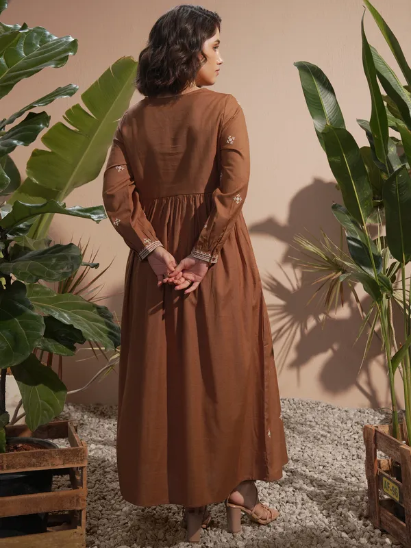 Vara By Vishudh Women Brown Embroidered Maxi Dress