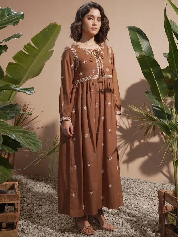 Vara By Vishudh Women Brown Embroidered Maxi Dress