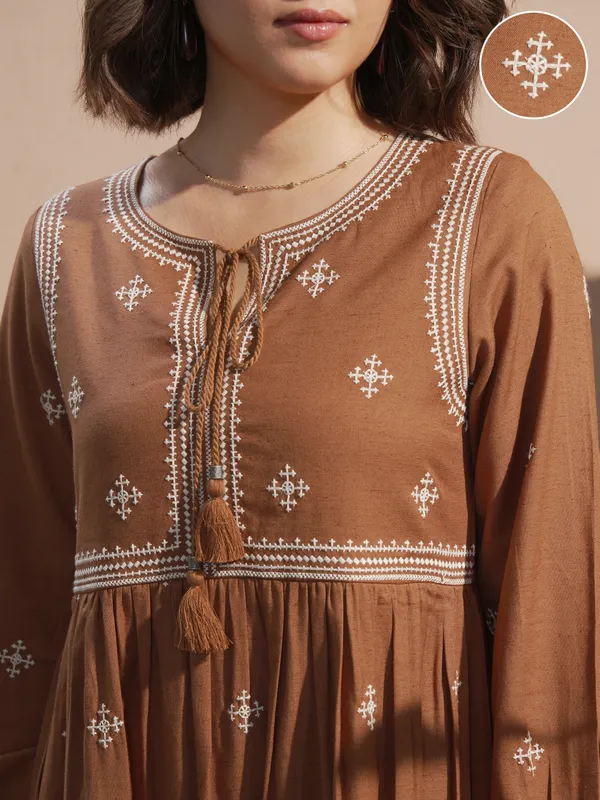 Vara By Vishudh Women Brown Embroidered Maxi Dress