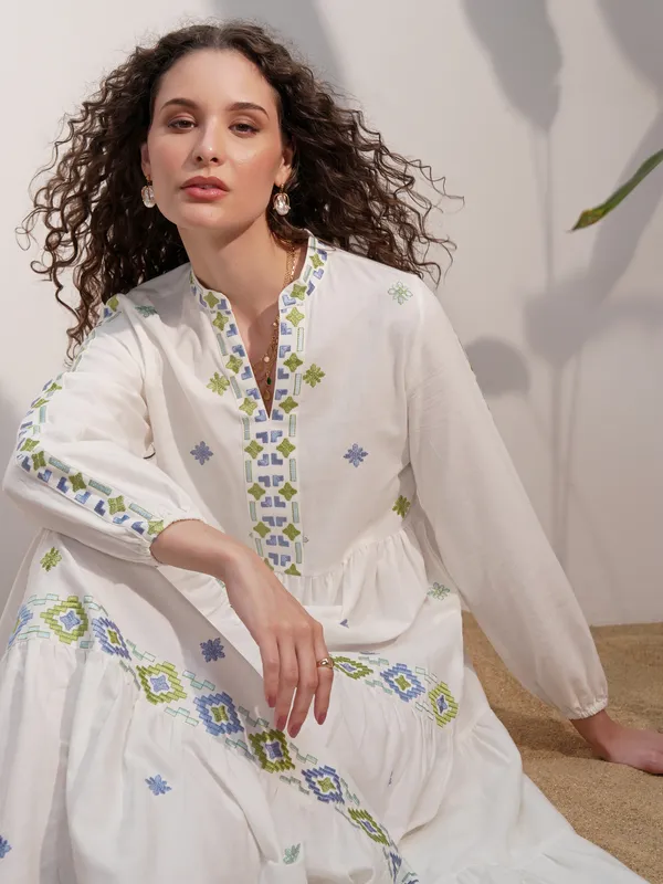Vara By Vishudh Women White Embroidered A-Line Dress