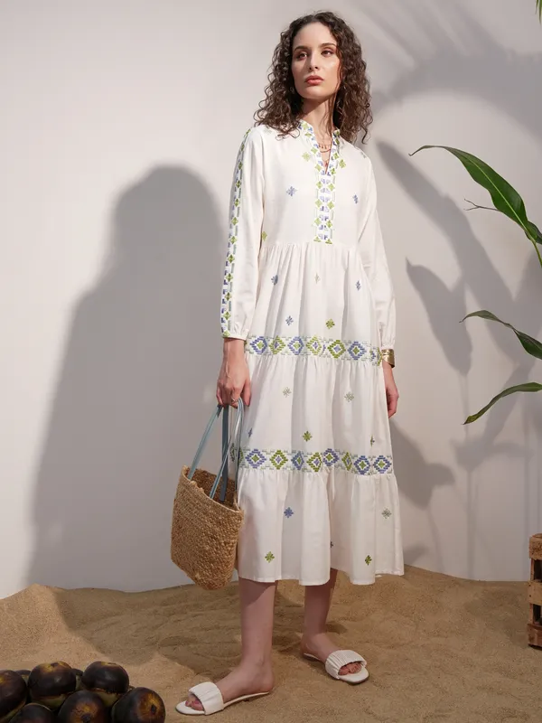 Vara By Vishudh Women White Embroidered A-Line Dress