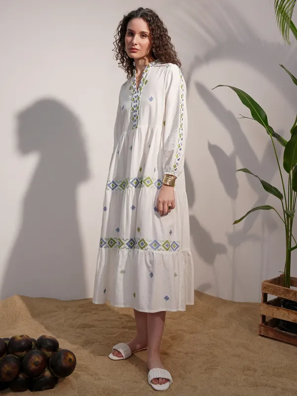 Vara By Vishudh Women White Embroidered A-Line Dress