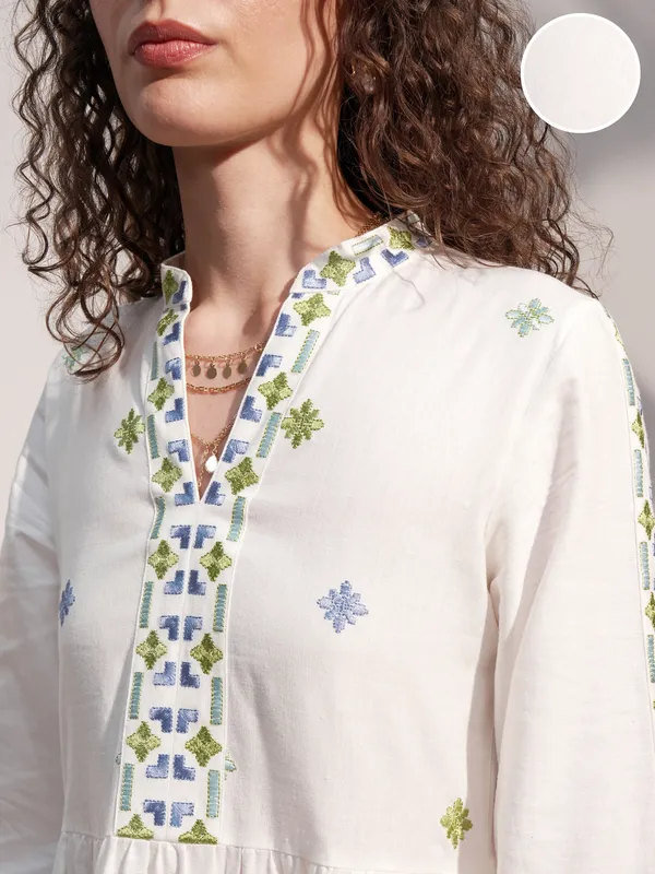 Vara By Vishudh Women White Embroidered A-Line Dress