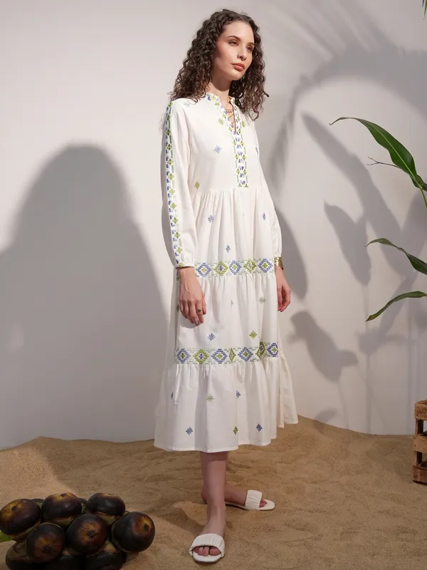 Vara By Vishudh Women White Embroidered A-Line Dress