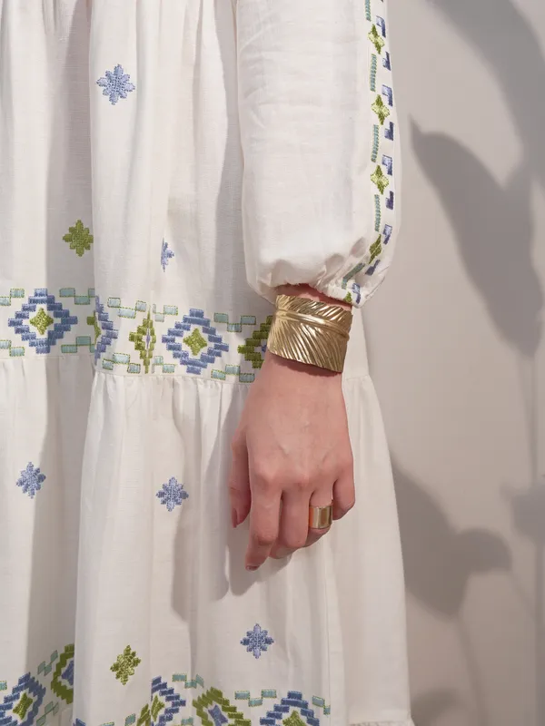 Vara By Vishudh Women White Embroidered A-Line Dress