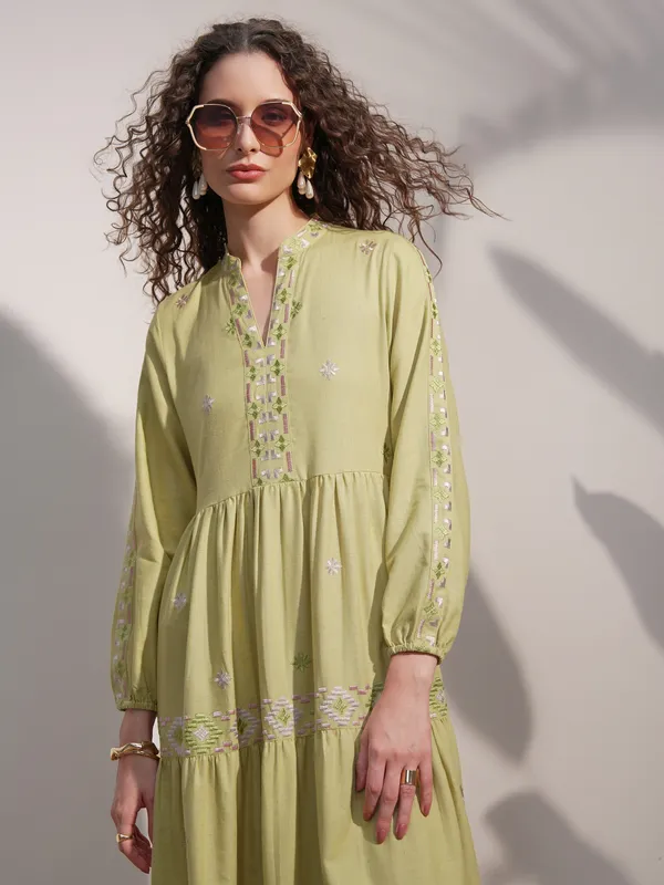 Vara By Vishudh women Lime Green Embroidered A-Line Dress