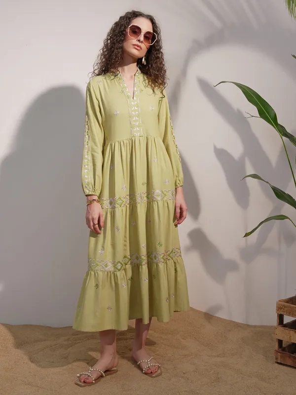 Vara By Vishudh women Lime Green Embroidered A-Line Dress