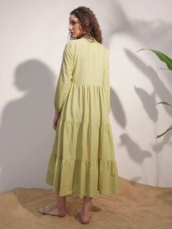 Vara By Vishudh women Lime Green Embroidered A-Line Dress