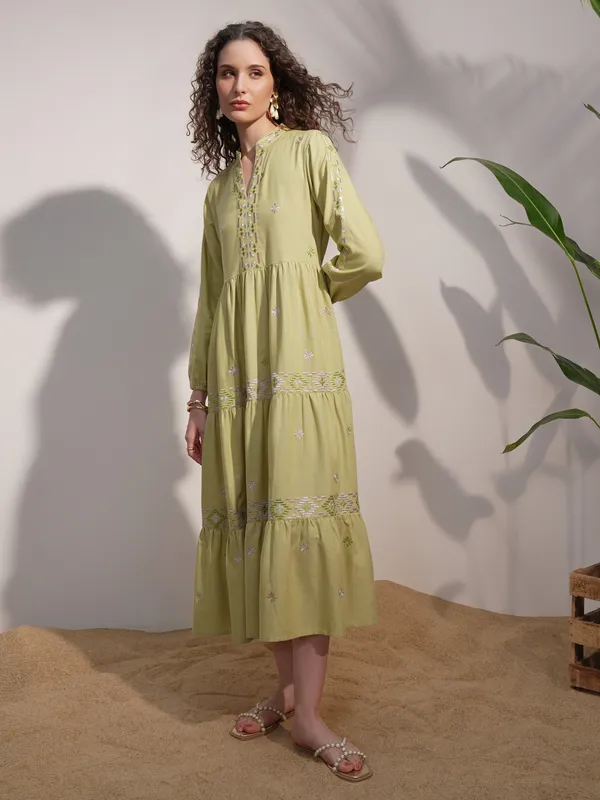 Vara By Vishudh women Lime Green Embroidered A-Line Dress
