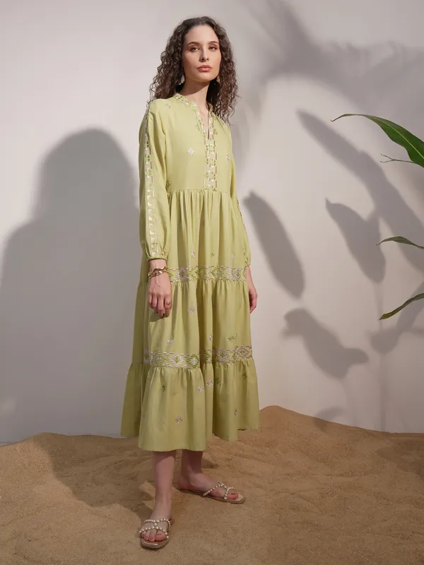 Vara By Vishudh women Lime Green Embroidered A-Line Dress