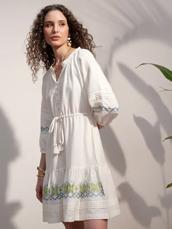 Vara By Vishudh Women White Embroidered A-Line Dress