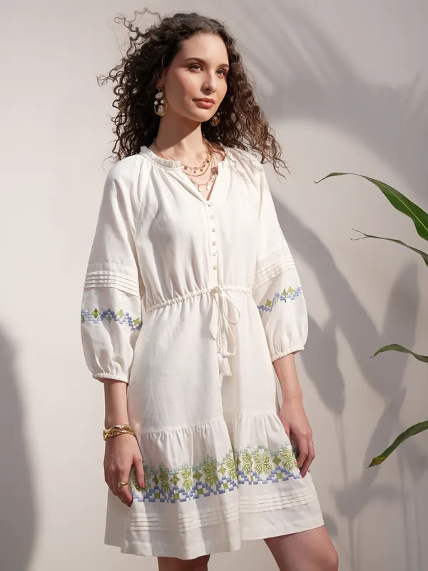 Vara By Vishudh Women White Embroidered A-Line Dress