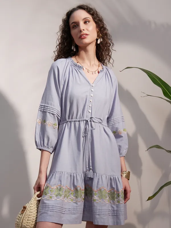 Vara By Vishudh Women Blue Embroidered A-Line Dress