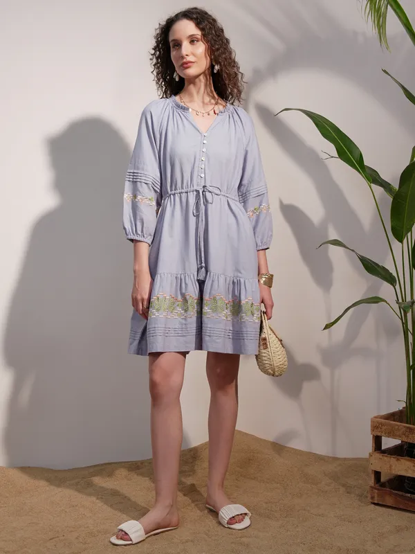 Vara By Vishudh Women Blue Embroidered A-Line Dress