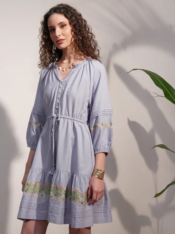 Vara By Vishudh Women Blue Embroidered A-Line Dress