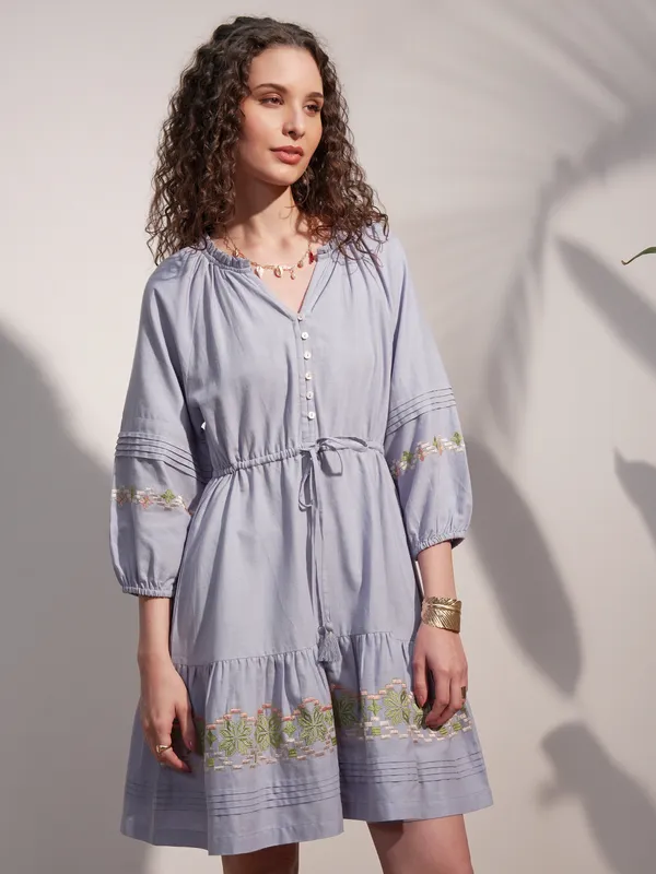 Vara By Vishudh Women Blue Embroidered A-Line Dress