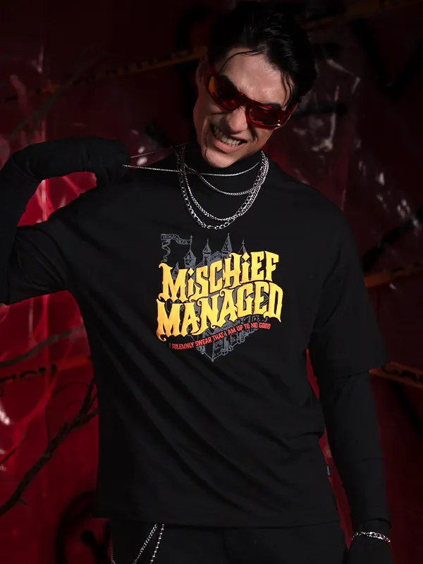 WB By Highlander Men Black Harry Potter Printed Round Neck Oversized Fit T-Shirt